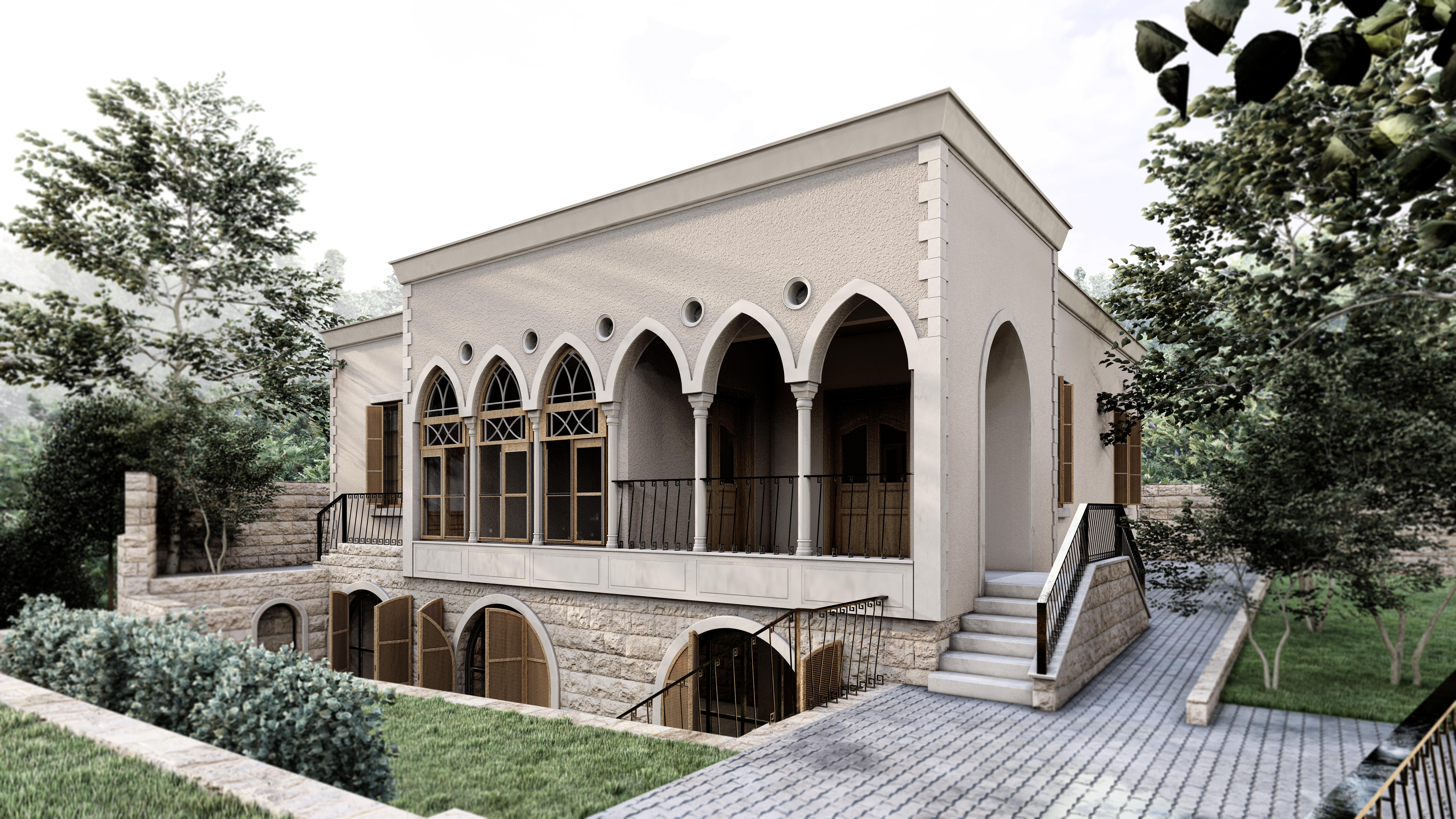 Exterior façade of a arched Lebanese style house